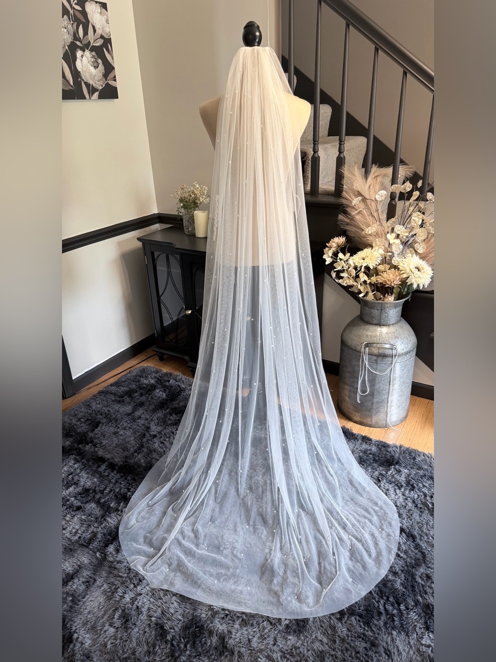 Sheer Ivory Pearl Embellished Bridal Veil - 77 inch comb